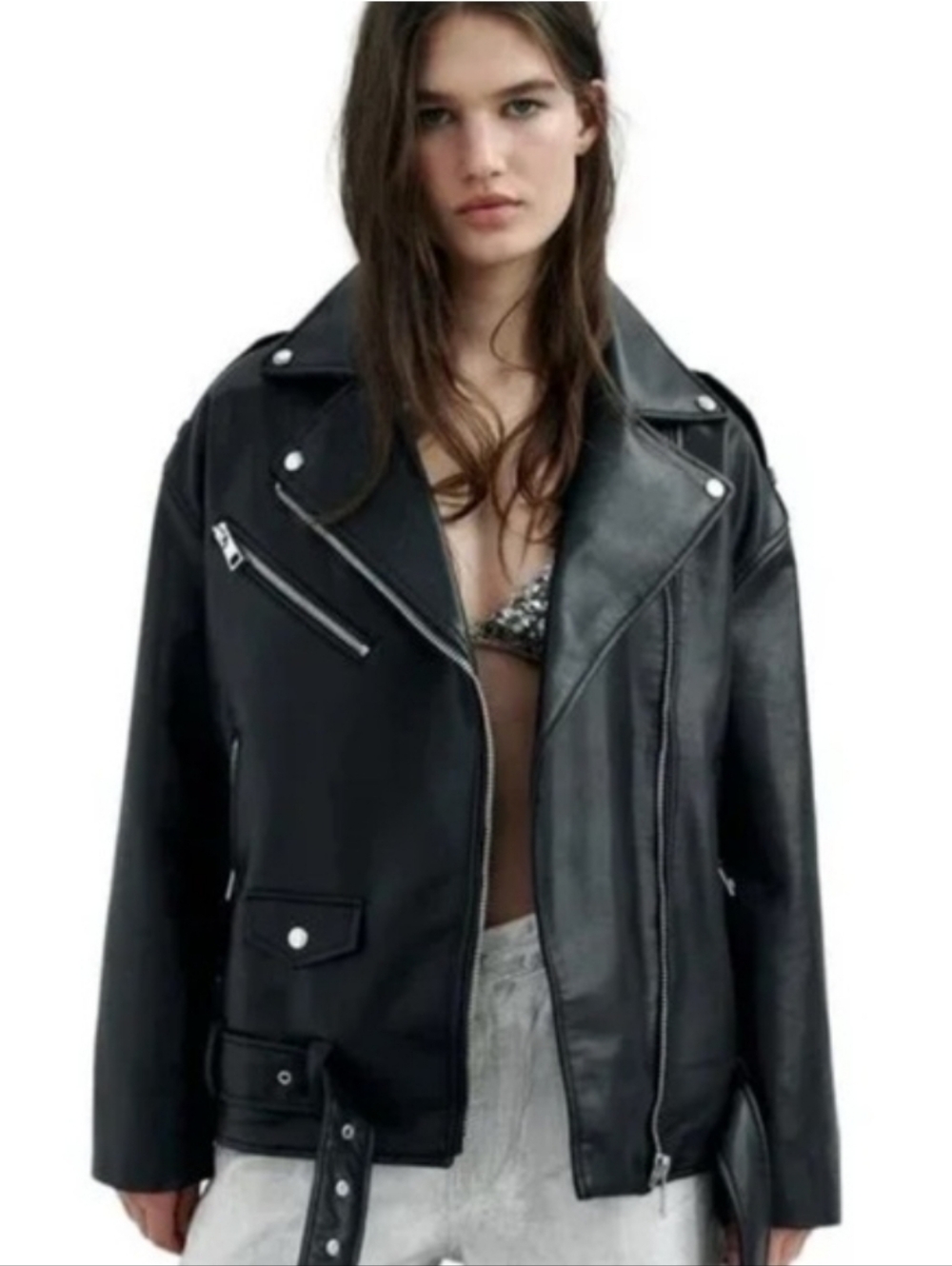 Zara Oversized Faux Leather Moto Biker Jacket- M